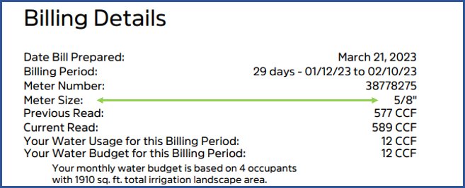 Example IRWD bill showing Meter Size in the Billing Details section