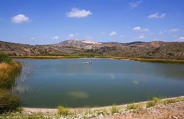 Serene desert lake bordered by dry grasses and distant hills under a clear blue sky.
