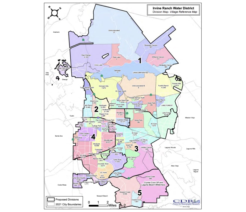 Division map of Irvine Ranch Water District showing five numbered divisions and 2021 city boundaries.