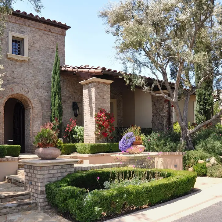Stone Mediterranean villa with a circular boxwood hedge and potted flowers.