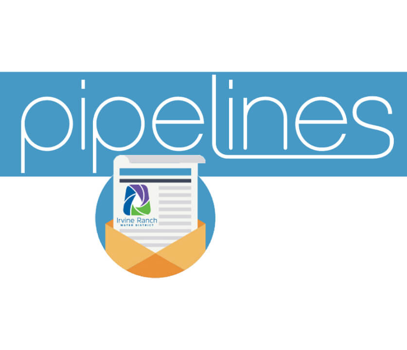 Logo for Pipelines: blue banner with the word pipelines and an orange envelope containing a document featuring the Irvine Ranch Water District logo.