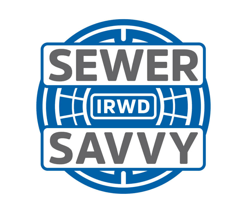 Sewer Savvy logo in a blue circular badge with SEWER on top, IRWD in the center, and SAVVY at the bottom.