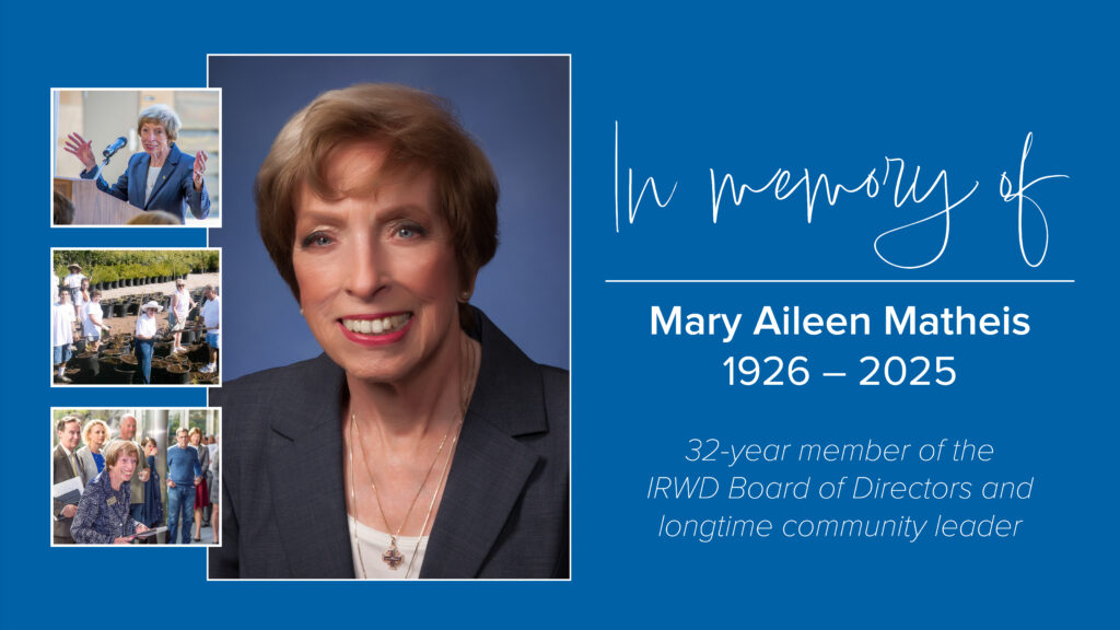 Blue memorial banner with a large portrait of Mary Aileen Matheis and small framed photos on the left.