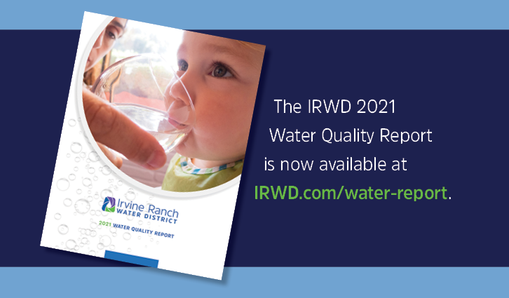 Tilted IRWD 2021 Water Quality Report booklet with a child drinking water on a dark blue banner.