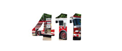 Word FIRE formed by collage images of fire trucks and emergency vehicles inside each letter.