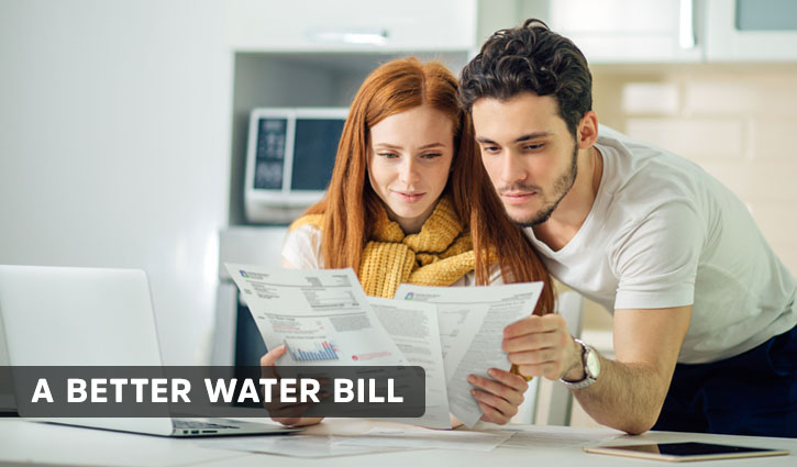 Couple at a kitchen table reviewing documents with a laptop nearby and a banner reading A BETTER WATER BILL.