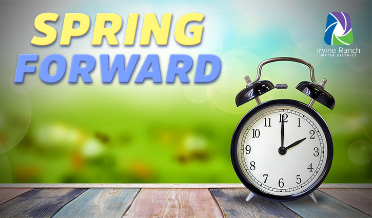 Analog alarm clock on a wooden surface with a bright, blurred spring background and the text SPRING FORWARD.