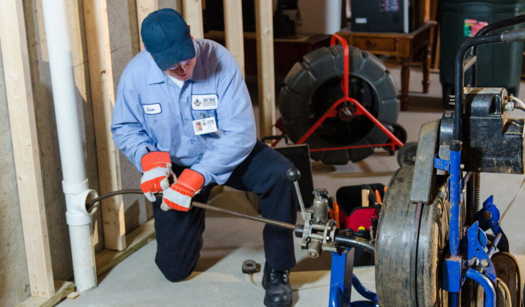 Worker in blue uniform and orange gloves kneels, assembling a threaded pipe with a hand tool in a workshop.