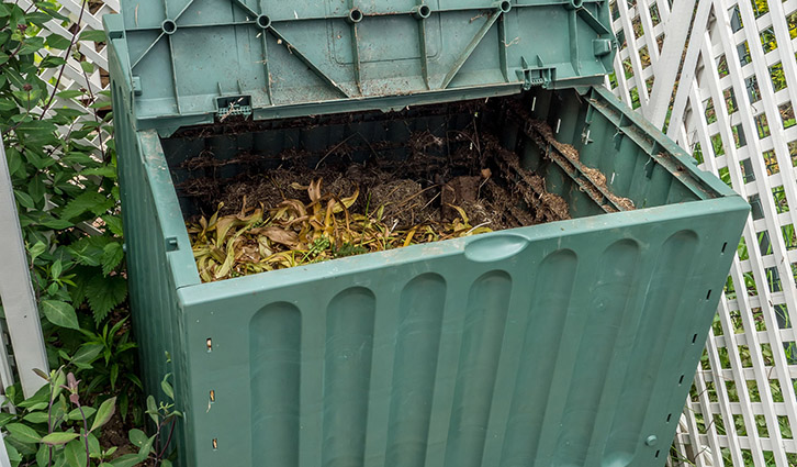 Green compost bin with lid open, filled with decaying plant matter near a fence.