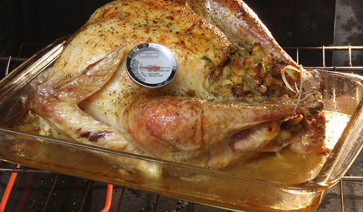 Golden roasted turkey in a glass pan with stuffing, in an oven, a round thermometer resting on the breast.