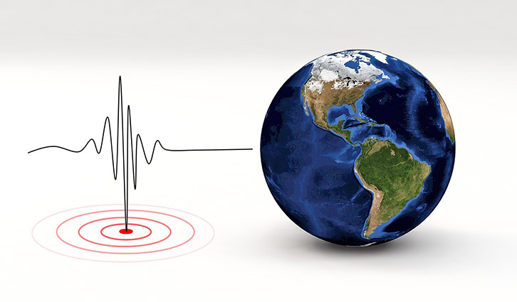 Earth globe beside seismograph line and target rings illustrating global seismology