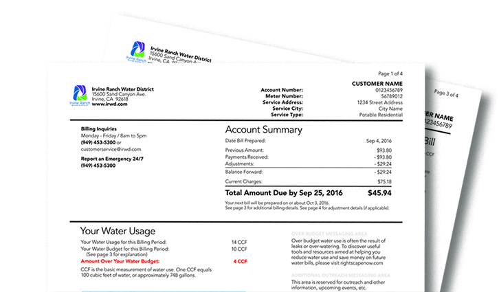 Irvine Ranch Water District bill with account summary and water usage details.