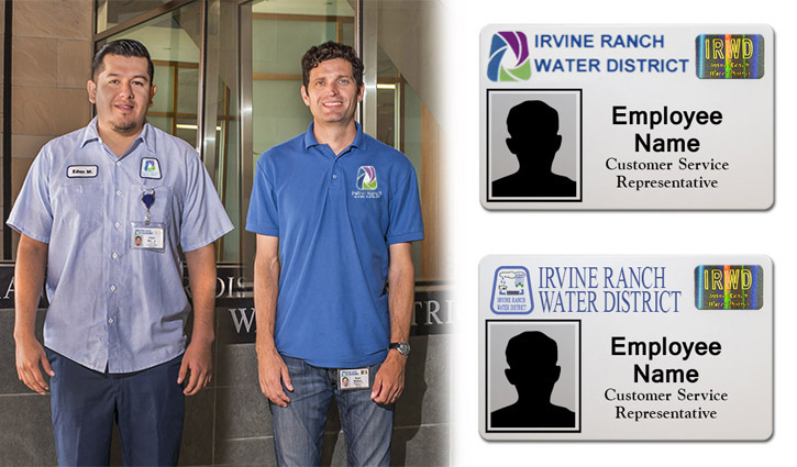Two Irvine Ranch Water District employees in uniform pose indoors with ID badges, with two sample IDs shown on the right.