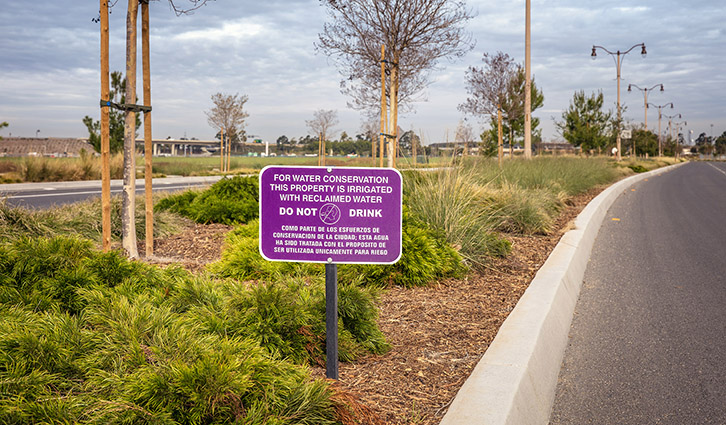 Purple sign warns irrigation uses reclaimed water and must not be drunk, in a landscaped roadside median.