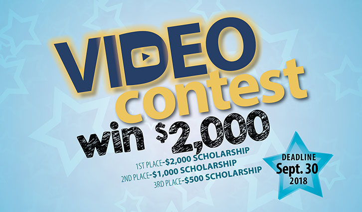 Poster for a video contest with $2,000 prize and a Sept. 30, 2018 deadline on a blue starry background.