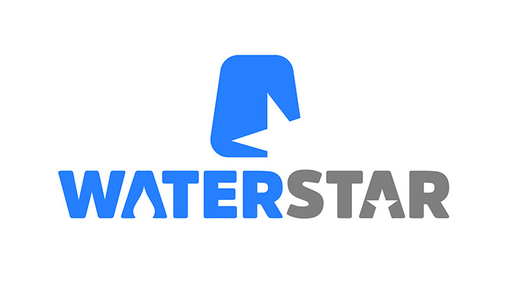 WaterStar logo: blue abstract icon above blue 'WATER' and gray 'STAR' text.