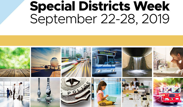 Collage banner for Special Districts Week with date September 22–28, 2019, featuring travel, transit, and community scenes.