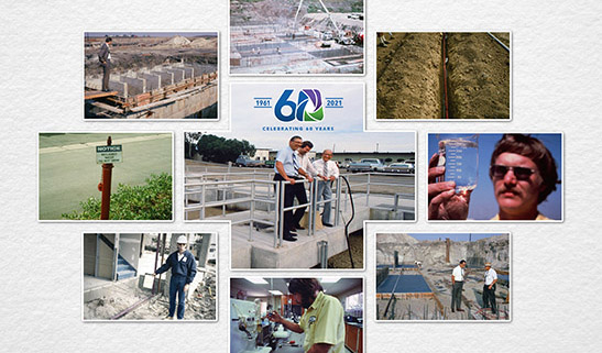 Collage celebrating 60 years of a water utility with construction, equipment, and facility staff.