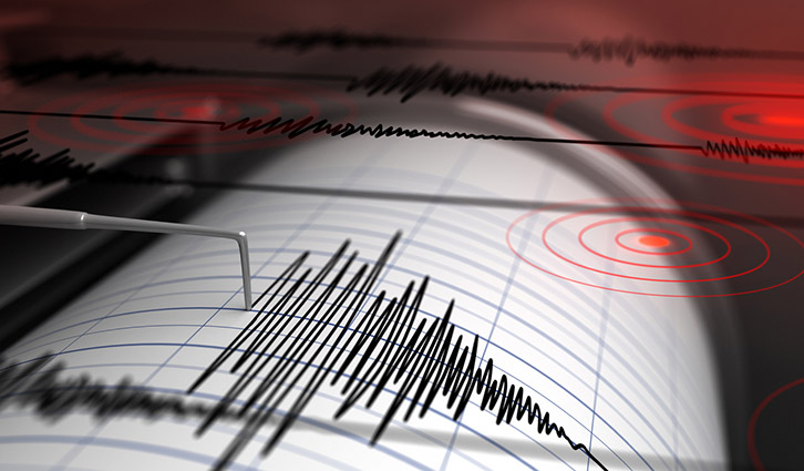 Seismograph-style waveform on a grid, with a probe and red radar rings.