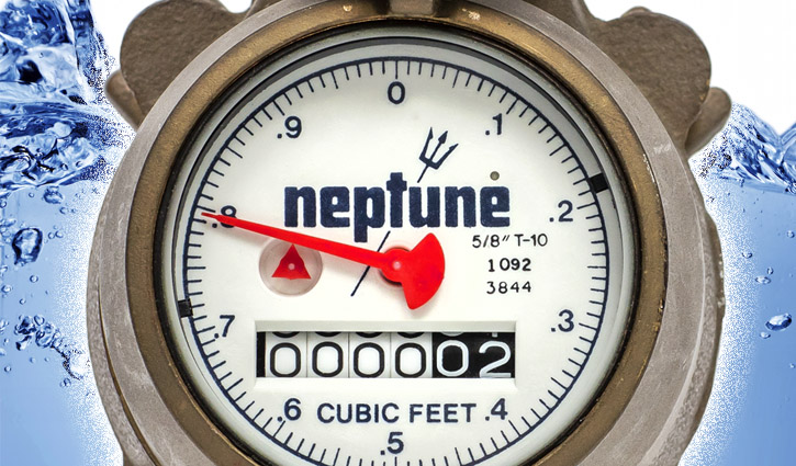 Water meter dial with red needle and numeric counter reading 000002 cubic feet.
