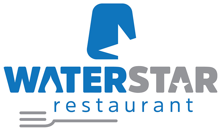 WaterStar Restaurant logo featuring a blue stylized water drop above blue WATER, gray STAR, and a minimal fork motif.