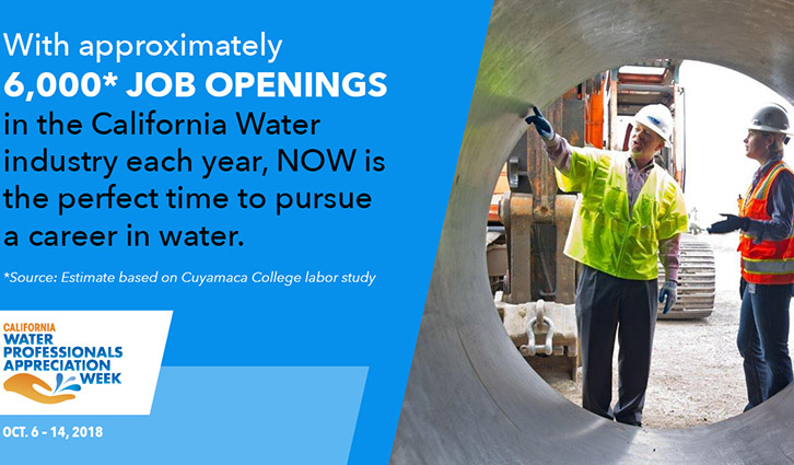 Banner promoting water industry careers with workers in a large pipe and bold job openings text.