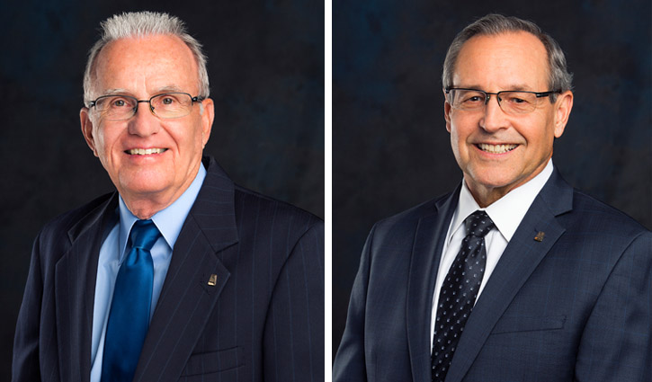 Two older men in dark suits posing in formal portraits against a dark backdrop.