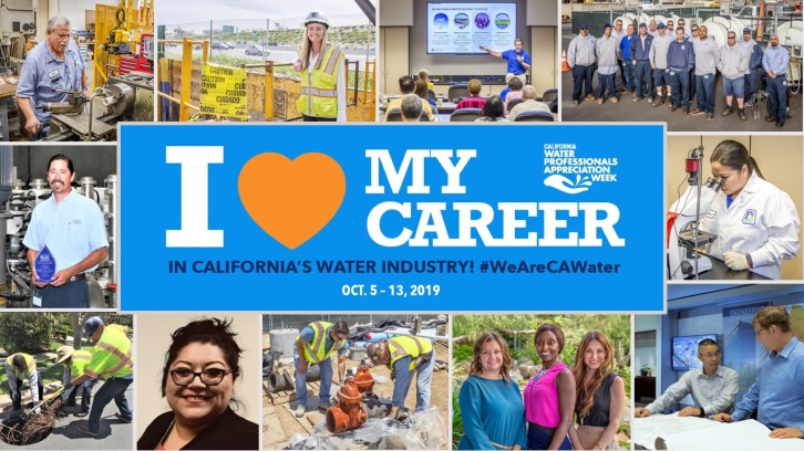 Collage of California water industry workers around a blue banner reading 'I heart My Career' for Water Professionals Week.