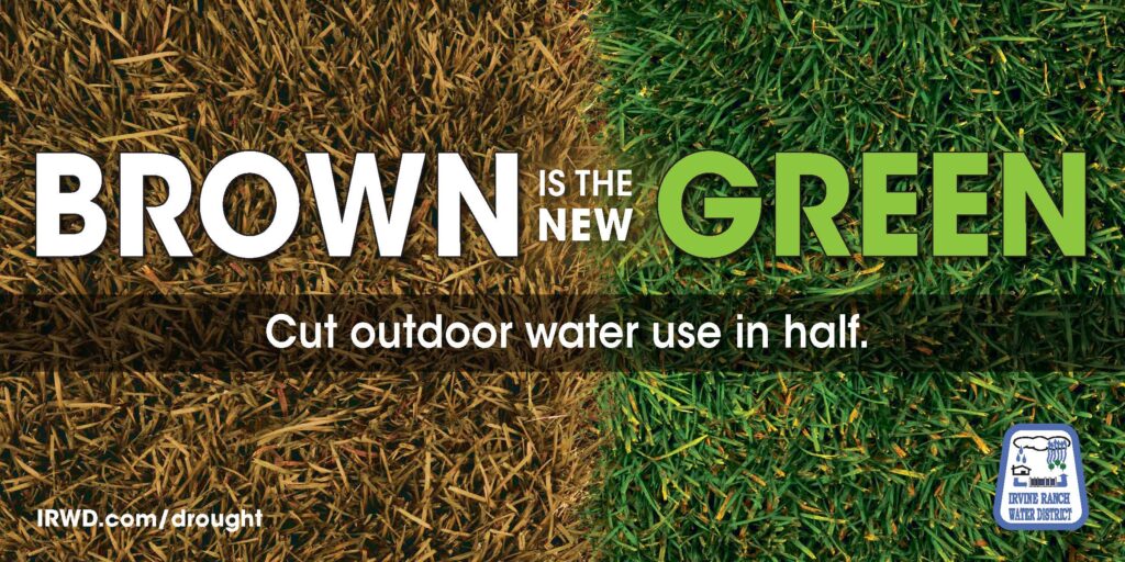 Banner contrasting brown dry grass with green lawn, featuring 'BROWN IS THE NEW GREEN' to promote reduced outdoor water use.
