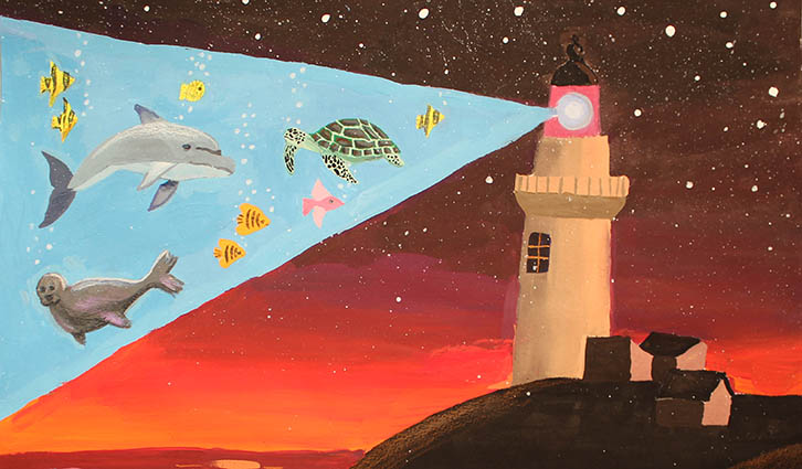 Vibrant painting of a lighthouse on a cliff, with a beam revealing dolphins, a sea turtle, and colorful fish.