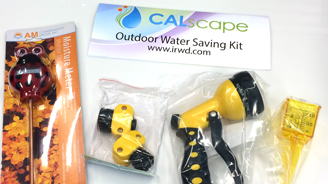CALscape Outdoor Water Saving Kit components in plastic bags, including yellow irrigation fittings and related hardware.