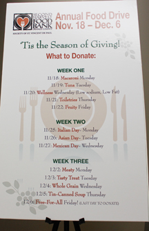 Poster for a community food drive with dates Nov. 18–Dec. 6 and weekly donation themes.