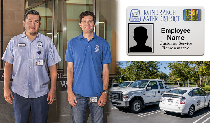 Two Irvine Ranch Water District employees in uniform posing outside, with ID badge and branded service vehicles in background.