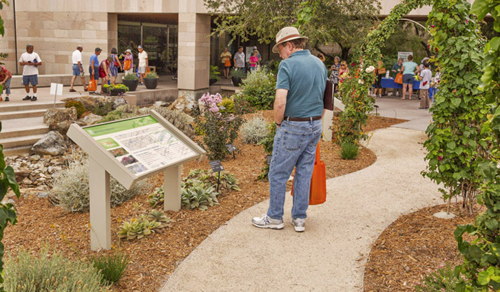 Man in a teal shirt and jeans studies an outdoor information board in a desert-style garden while visitors gather near a building.