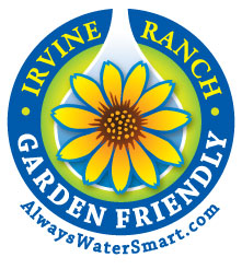 Irvine Ranch Garden Friendly logo featuring a yellow sunflower inside a blue circular border and AlwaysWaterSmart.com.