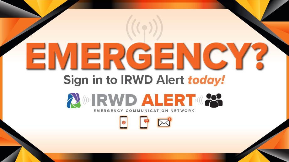 Bold orange EMERGENCY? banner promoting IRWD Alert sign-in with device icons.
