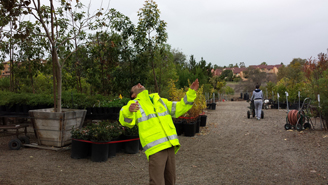 Gardener in a neon high-visibility jacket gestures near rows of potted plants at an outdoor nursery.