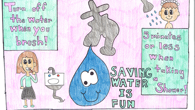 Colorful kids' poster about saving water with a faucet, a girl brushing teeth, and a shower.