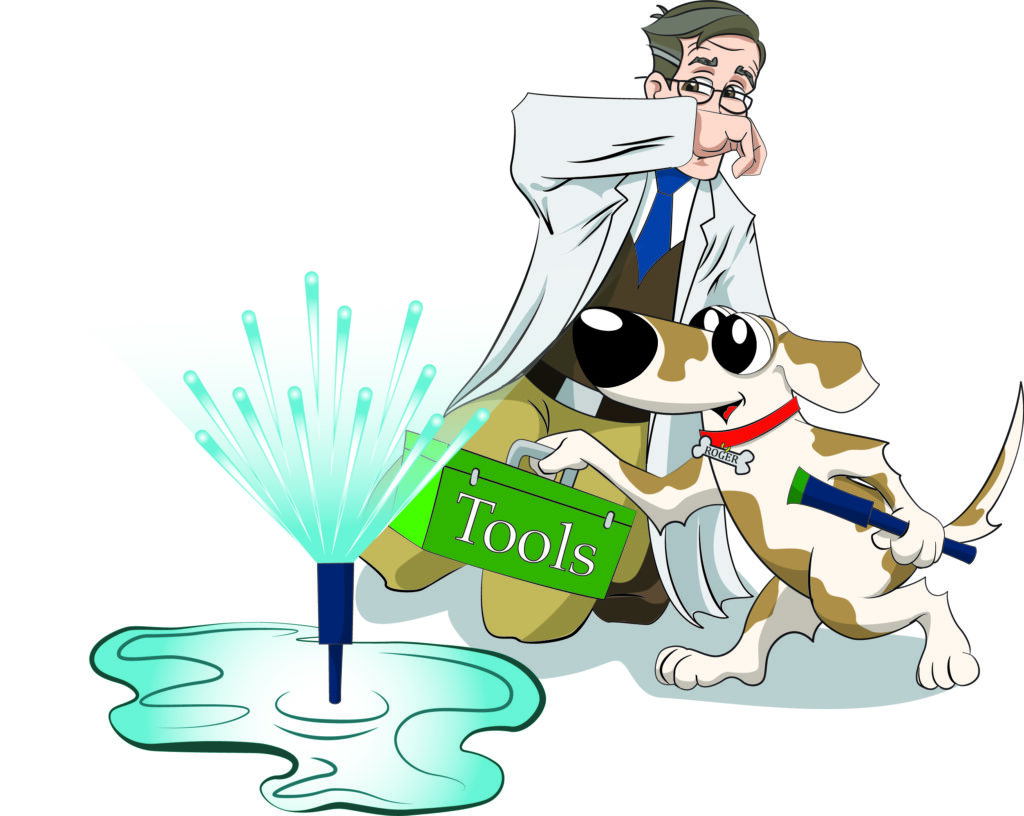 Cartoon scientist in a white coat with a dog carrying a green toolbox labeled Tools beside a turquoise splash.