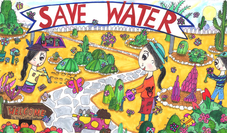Colorful cartoon of kids in a desert garden under a large 'SAVE WATER' banner.