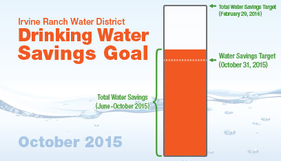 Infographic of Irvine Ranch Water District's Drinking Water Savings Goal with an orange bar and labeled targets.