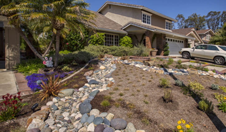 Front yard with drought-tolerant rock garden, shrubs, and a driveway leading to a beige suburban house.