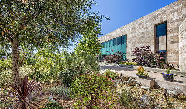 Modern beige stone building with large teal windows, surrounded by drought-tolerant desert landscaping and green shrubs.