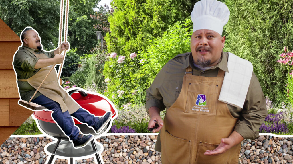 Two men in brown aprons in a lush garden; one sits on a rope swing by a wooden structure, while the other wears a chef hat and apron.
