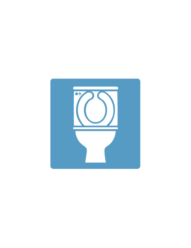 Toilet icon on a blue rounded square, white on blue for clear visibility
