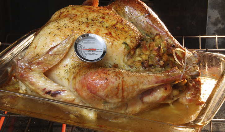 Herb-seasoned roasted turkey in a glass pan with stuffing and a meat thermometer inserted.