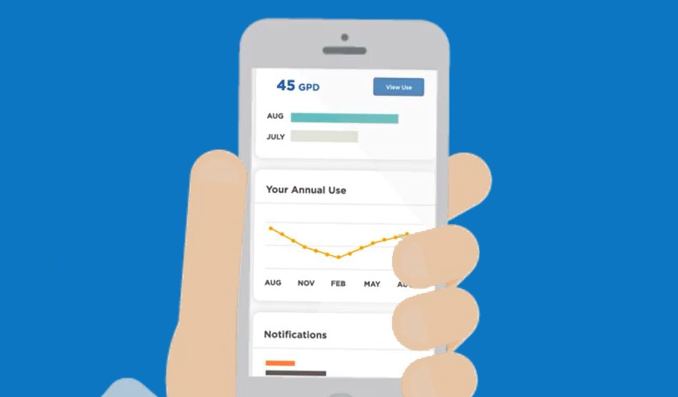 Hand holding a smartphone displaying a data dashboard with charts and a line graph on a blue background