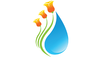 Blue water droplet with curling green stems and orange-yellow flowers
