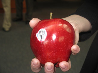 Shiny red apple with a barcode sticker held in a person's hands.