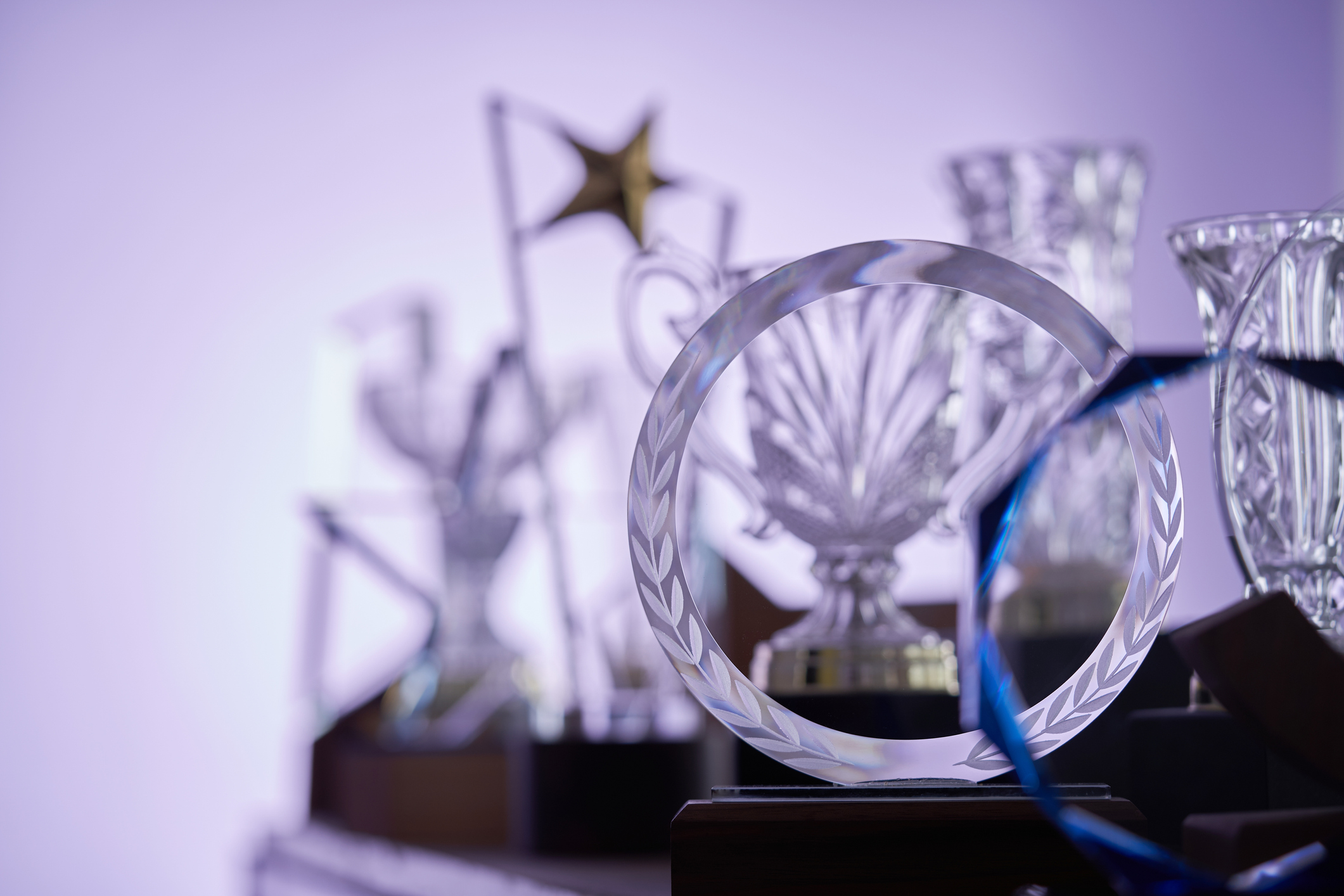 Crystal circular laurel-ring trophy in focus with other glass awards in a purple-lit display.